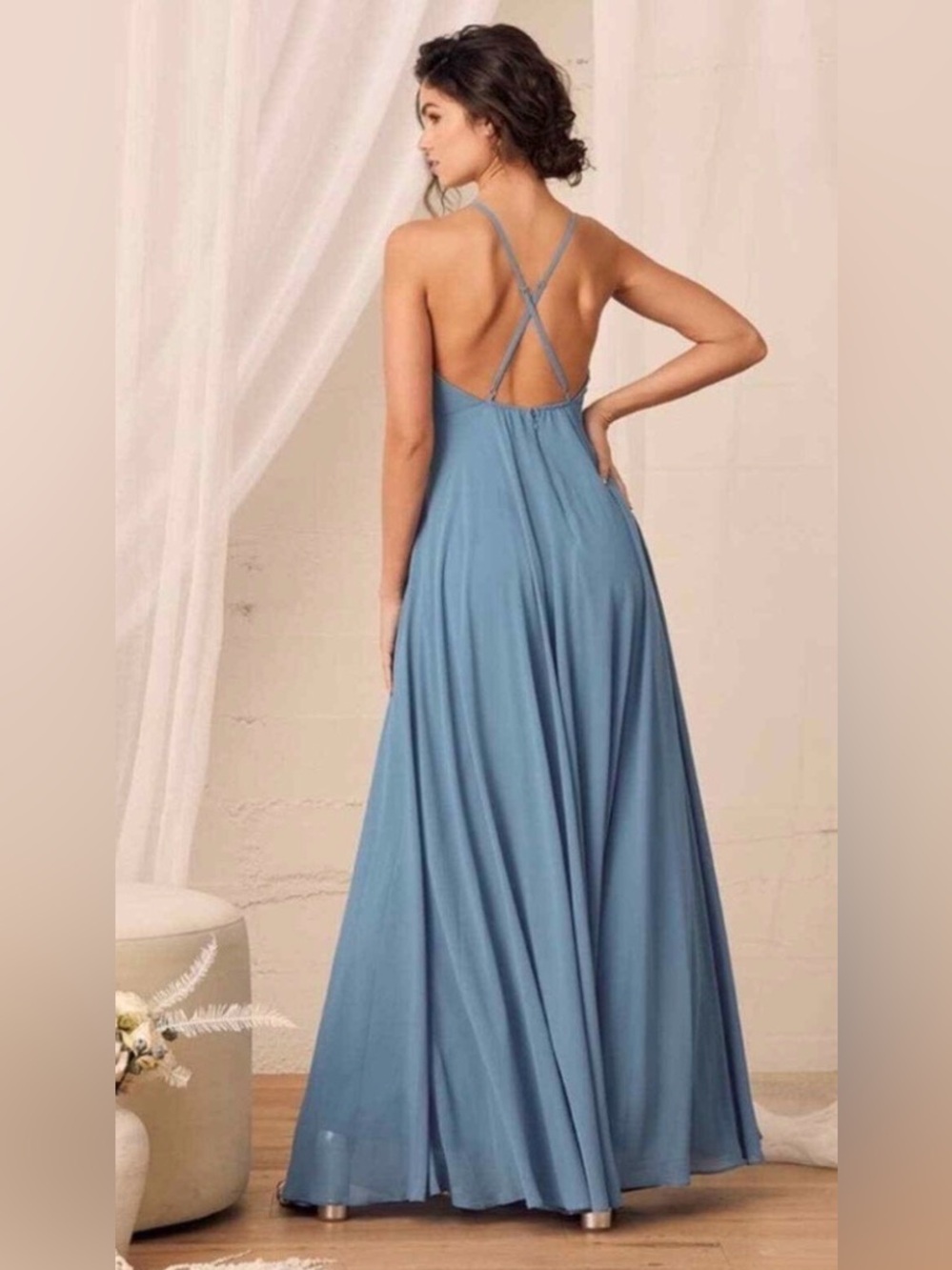 Lulus Mythical Kind of Love Slate Blue Maxi Dress | Backless Chiffon | Size S - Picture 2 of 5